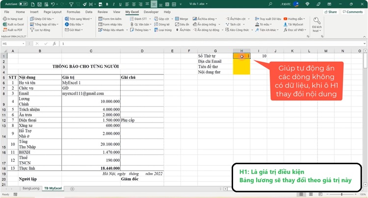 Thay đổi giá trị ô H1