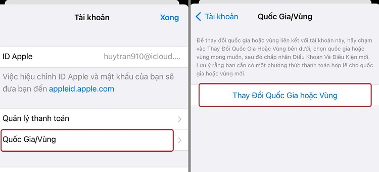 Thay đổi Quốc gia hoặc vùng