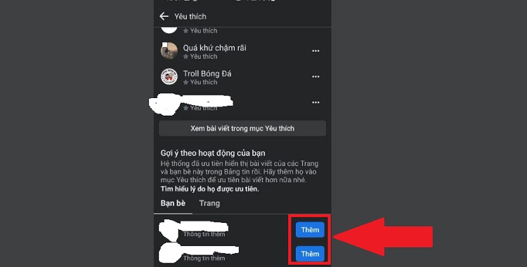 Thêm bạn bè vào mục yêu thích