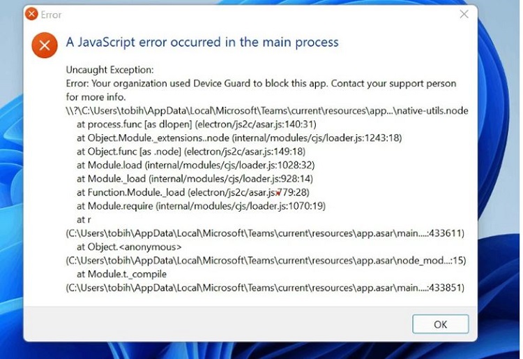 Tìm hiểu lỗi javascript error occurred in the main process Windows 11