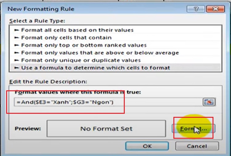 Tùy chỉnh hộp thoại new formatting rule