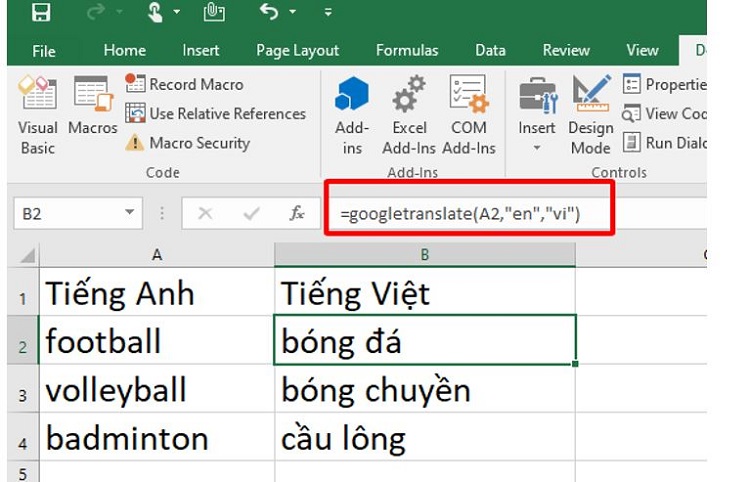 Ví dụ hàm GOOGLETRANSLATE trong Excel 1