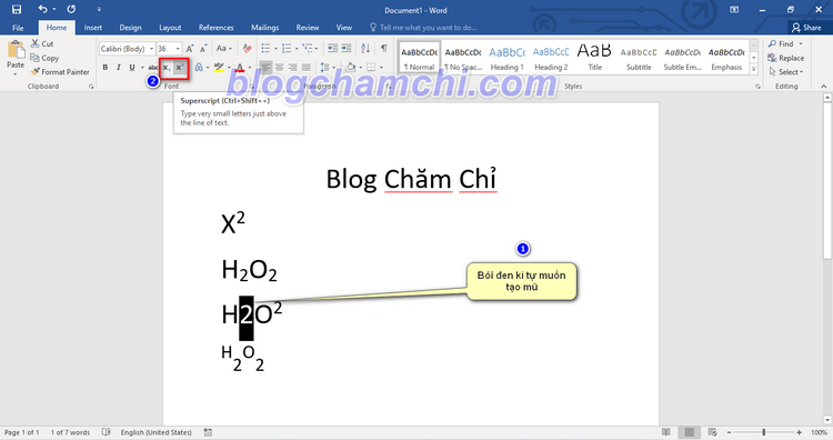 Tạo chỉ số trên hoặc dưới trong Microsoft Word bằng font