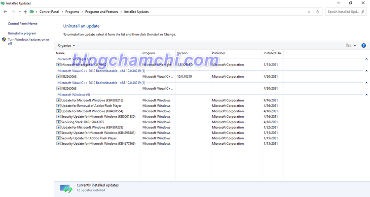 Xem lịch sử Update Win 10 thông qua Control Panel