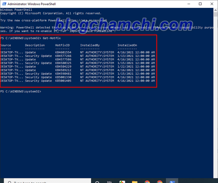 Kiểm tra lịch sử cập nhật Win 10 bằng Windows PowerShell