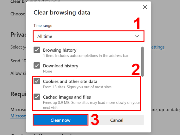 Xóa Cookies và Cache