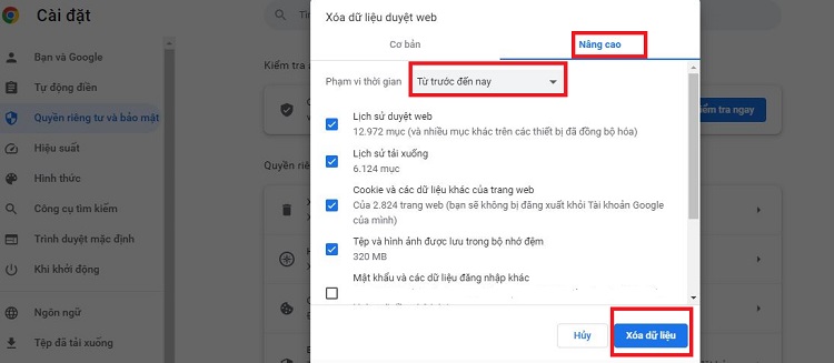 Xóa dữ liệu Chrome