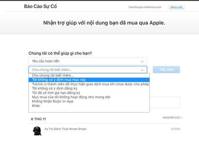 yêu cầu hoàn tiền và rút tiền từ ID Apple